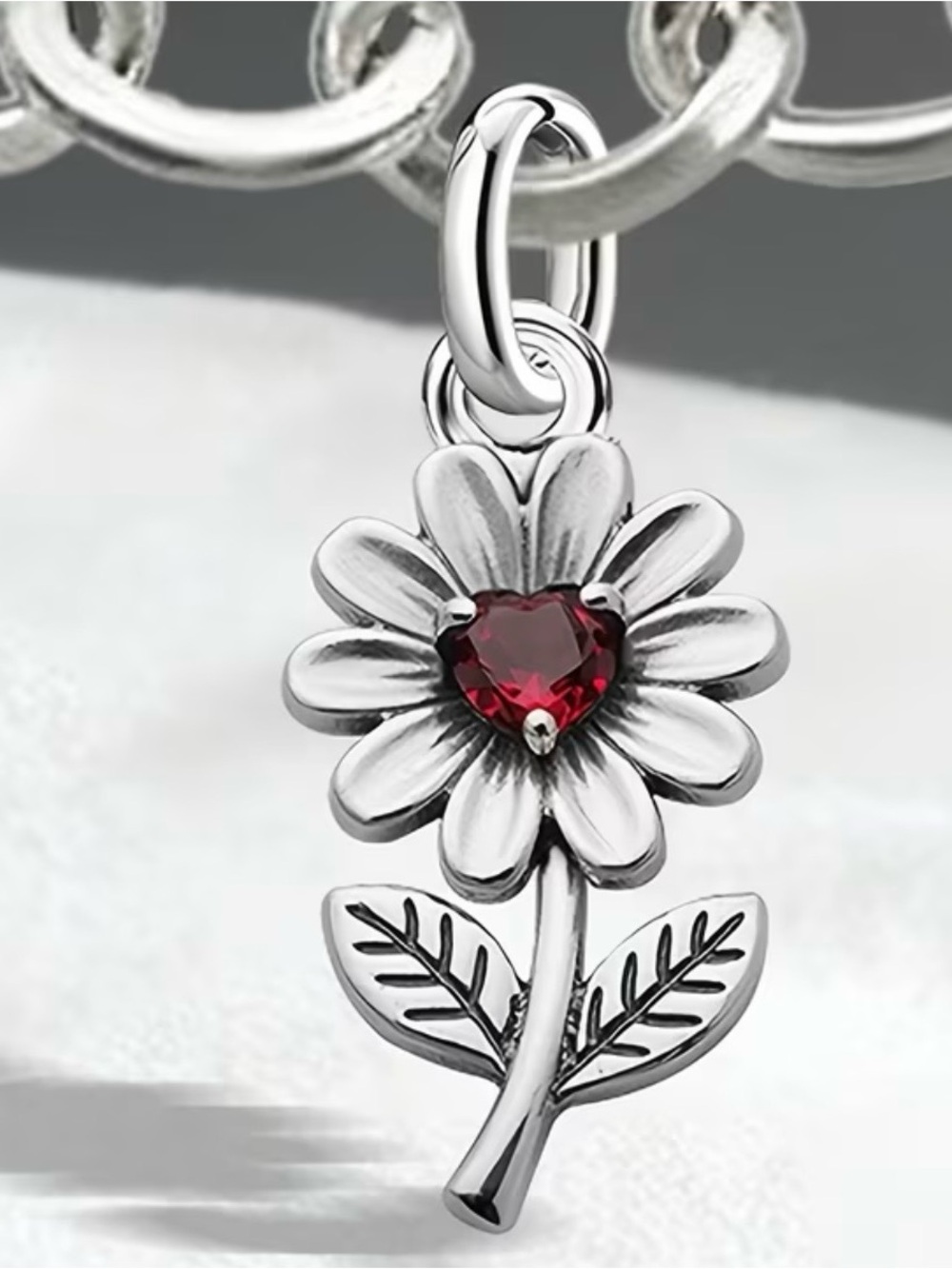 Sterling Silver Daisy Pendant Charm with garnet Heart Gem